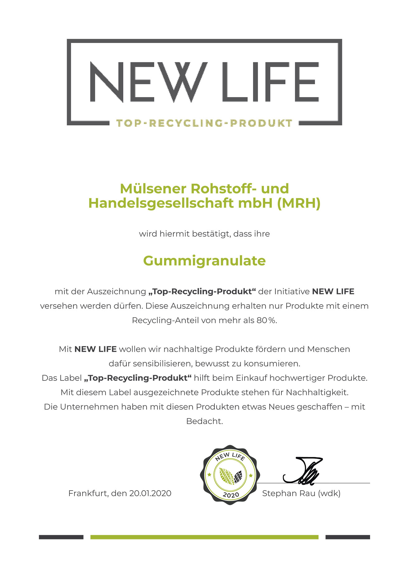 MRH New Life Zertifikat Gummigranulat