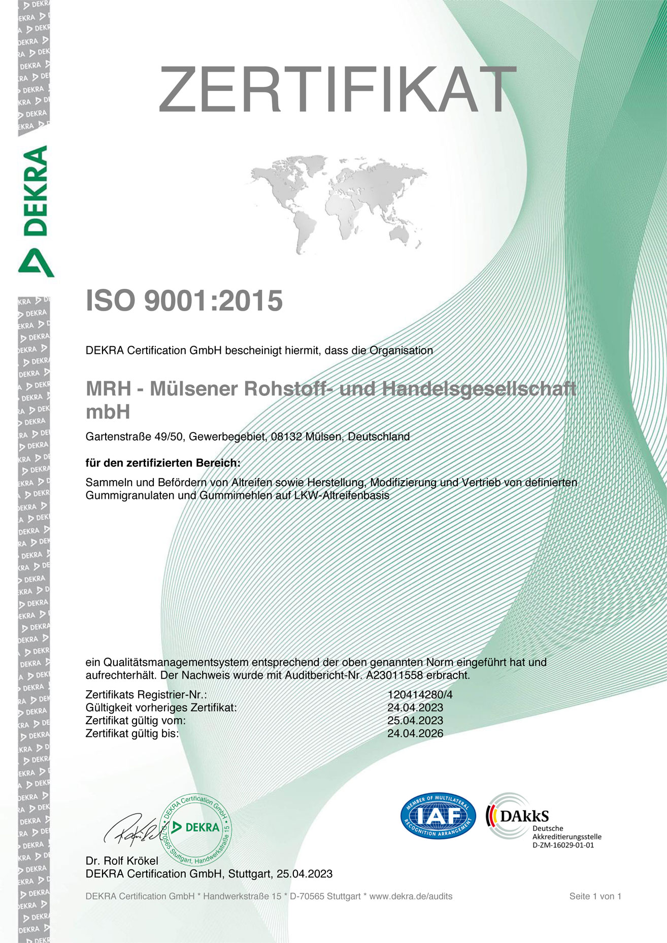 ISO 9001:2015-Zertifikat für die MRH Mülsener Rohstoff- und Handelsgesellschaft mbH